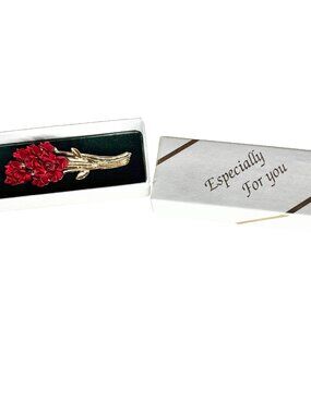 Vintage 1997 DMC Red Enamel Floral Bouquet Brooch Gold Tone Signed Original Box